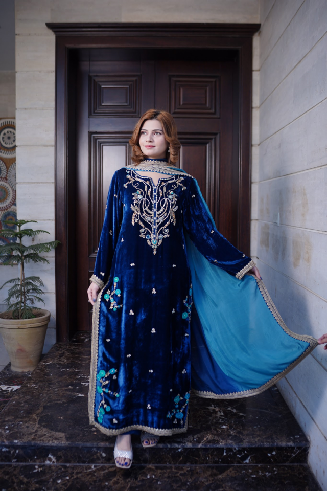 Deep teal French velvet shirt with gold kora dabka handwork and dupatta.