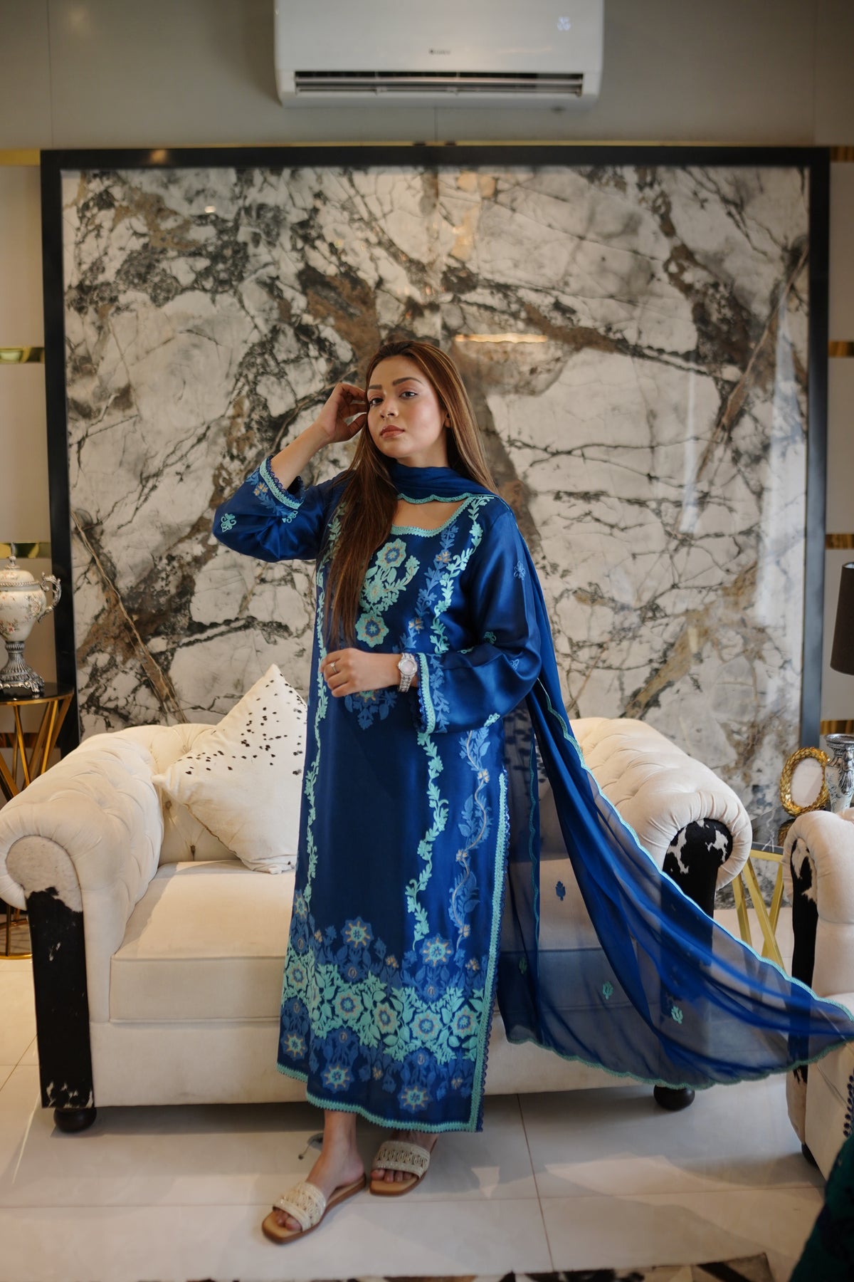Pure sheesha silk shirt with detailed Aari embroidery and scalloped silk dupatta.