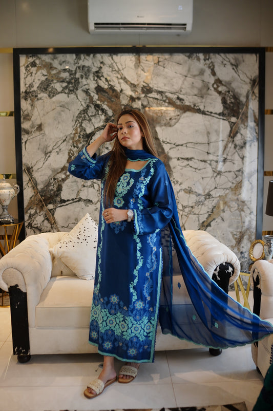 Pure sheesha silk shirt with detailed Aari embroidery and scalloped silk dupatta.