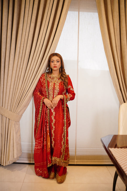 Regal crimson red wedding formal shirt with gold dabka work, red chaadar, and embellished azaar. 