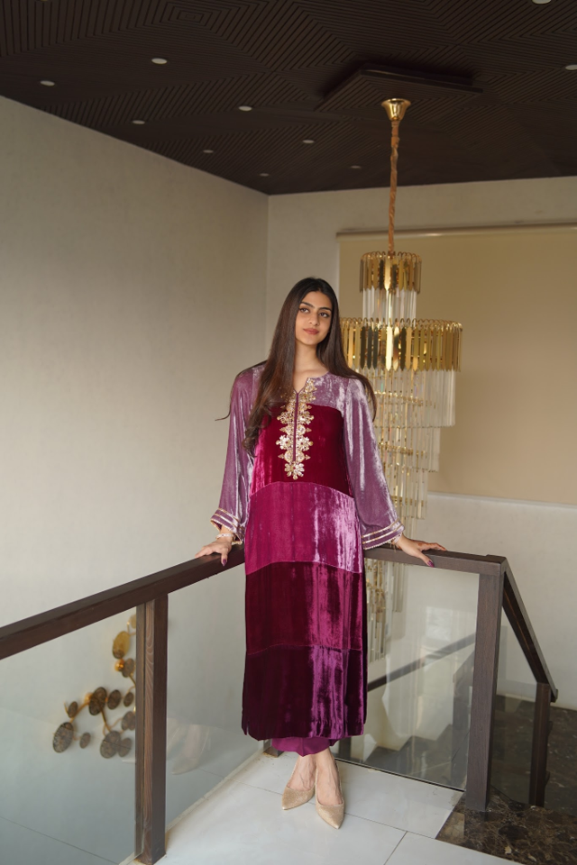 Long color-block pure French velvet shirt in plum and maroon with gold gota neckline work.